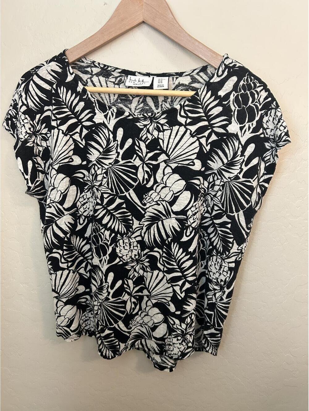Nicole Miller New York Black White Tropical Floral Linen Top Size US XL